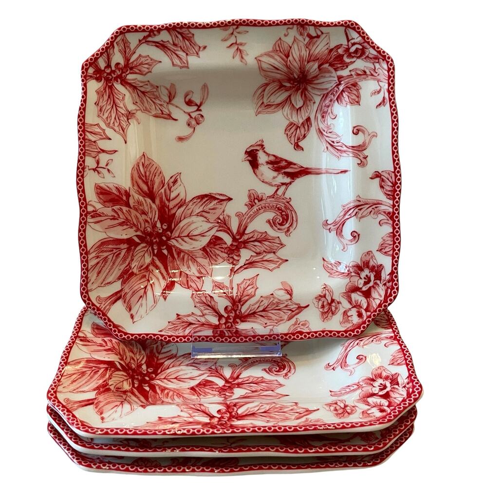 222 Fifth CHRISTMAS LANE Square Salad Plates 8.5in Cardinal Red Set of 4 New